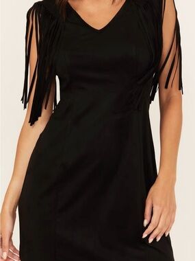 Idyllwind Fueled by Miranda Lambert Black V-Neck Mini Dress with Fringe Sleeves